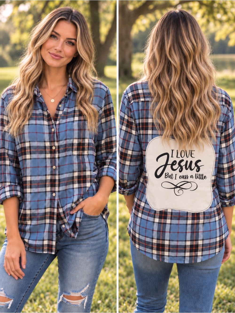 🆕 Upcycled H&M Women’s Plaid Flannel Shirt “I Love Jesus” Size L
